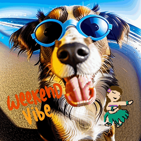 A Dog Wearing Sunglasses With The Words Weekend Vibe Written Below It GIF