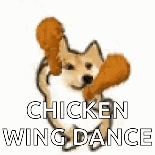 A Dog With A Chicken Wing In Its Mouth And The Words Chicken Wing Dance Above It GIF