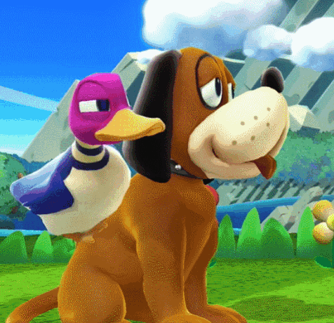A Dog With A Duck On Its Back Is Sitting In The Grass GIF