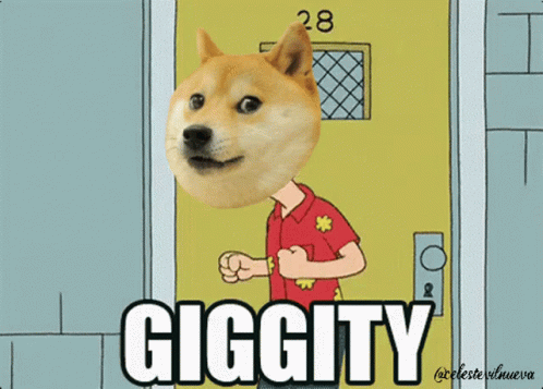 A Dog With A Man 'S Head Is Standing In Front Of A Door That Says Gigcity GIF
