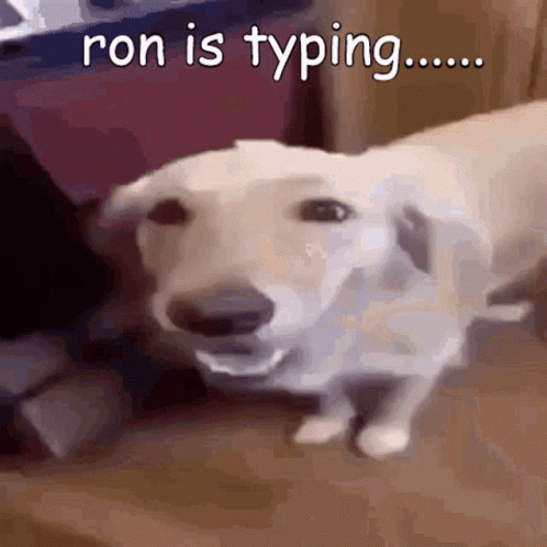 A Dog With Its Mouth Open And The Words Ron Is Typing Written Above It GIF