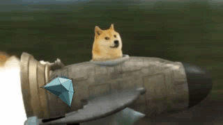 A Doge Is Sitting On Top Of A Rocket With A Diamond In The Background . GIF