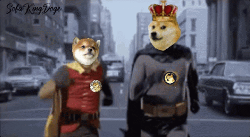 A Doge Wearing A Crown And A Cape Is Walking Next To Another Doge Wearing A Cape GIF