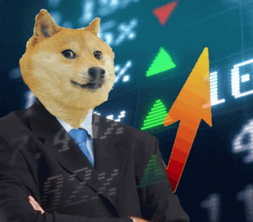 A Doge Wearing A Suit And Tie Is Holding An Arrow GIF