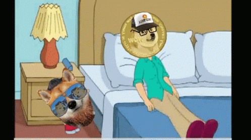 A Doge Wearing Sunglasses And A Hat That Says I Love Doge Is Laying On A Bed GIF