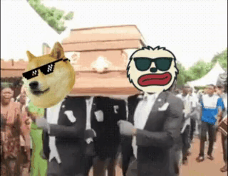 A Doge Wearing Sunglasses Is Carrying A Coffin With A Man Wearing Sunglasses On It . GIF