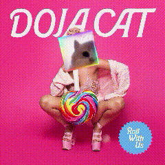 A Doja Cat Album Cover With A Woman Holding A Rainbow Lollipop GIF
