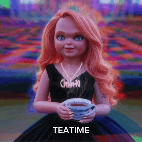 a doll in a black dress is holding a cup of tea with the word teatime below her