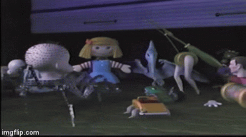 A Doll In A Blue Dress Standing Next To A Dinosaur GIF