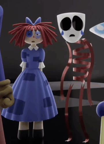 A Doll In A Blue Dress Stands Next To A Skeleton With A Sad Mask GIF
