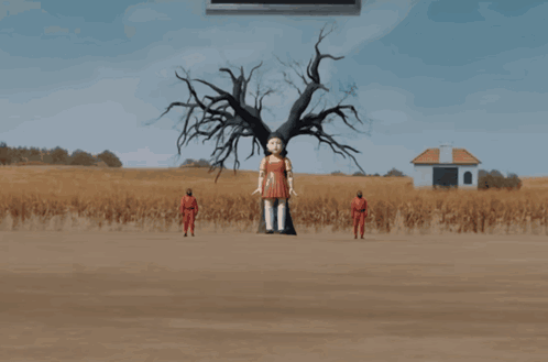 A Doll In A Red Dress Is Walking In A Field With A Man In A Red Suit Behind Her GIF