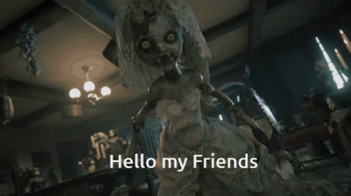 A Doll In A Wedding Dress Says Hello My Friends In A Dark Room GIF