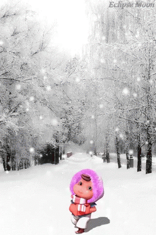 A Doll With A Purple Hat And Scarf Is Standing In The Snow GIF