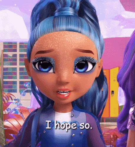 A Doll With Blue Hair And Blue Eyes Is Saying I Hope So GIF