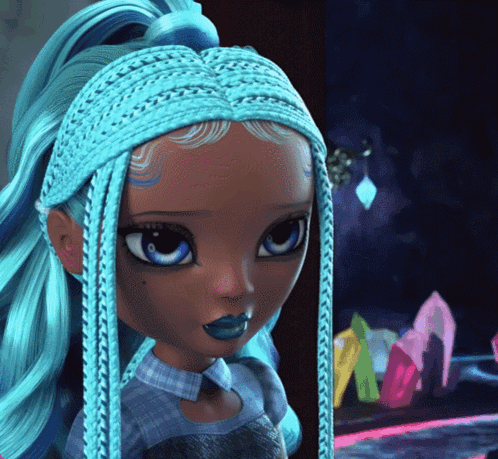 A Doll With Blue Hair And Blue Lipstick Looks At The Camera GIF