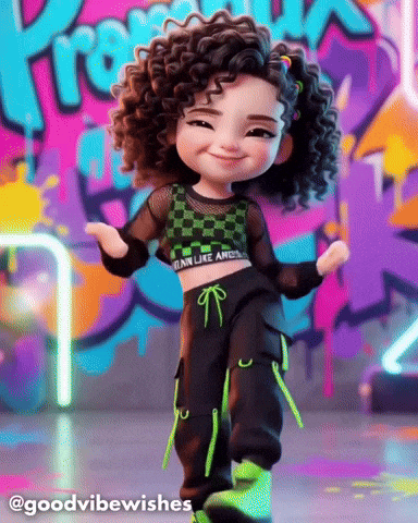 A Doll With Curly Hair Is Wearing A Green And Black Outfit GIF