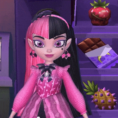 A Doll With Pink And Black Hair Is Standing In Front Of A Shelf With Chocolate Bars And Strawberries GIF