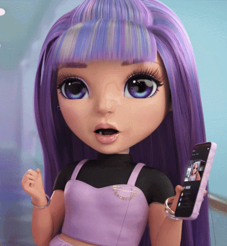 A Doll With Purple Hair Holds A Cell Phone GIF