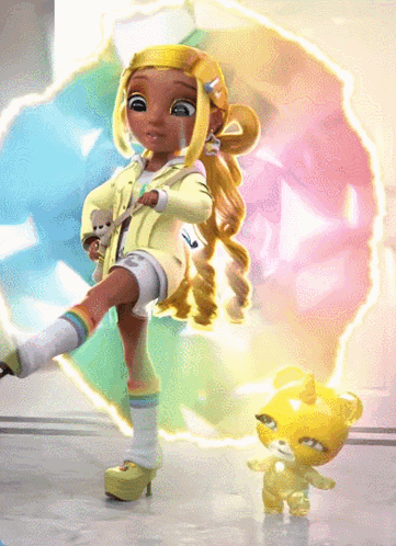 A Doll With Yellow Hair Is Holding A Teddy Bear And A Rainbow Umbrella GIF