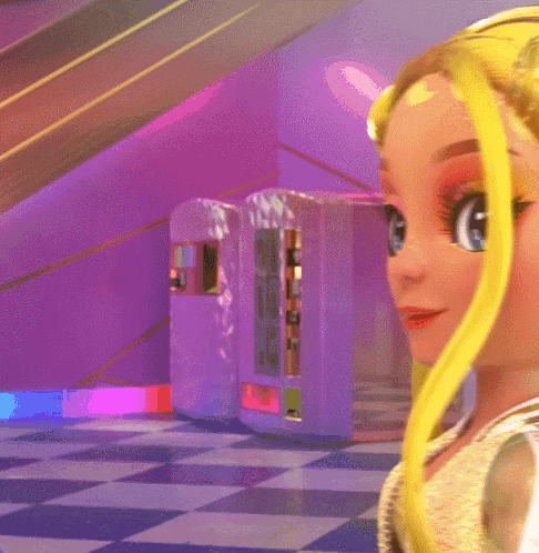 A Doll With Yellow Hair Is Standing In Front Of A Purple Wall GIF