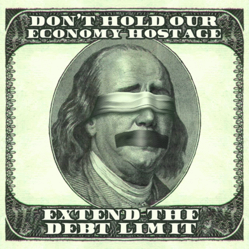 a dollar bill with franklin 's face taped to it and the words " don 't hold our economy hostage "