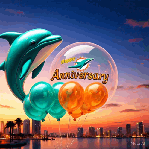 A Dolphin Is Jumping Out Of A Clear Balloon That Says Happy Anniversary GIF