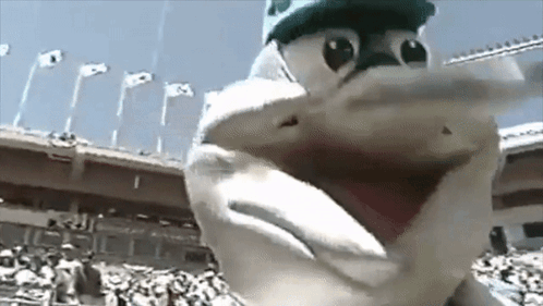 A Dolphin Mascot Is Dancing In Front Of A Crowd GIF