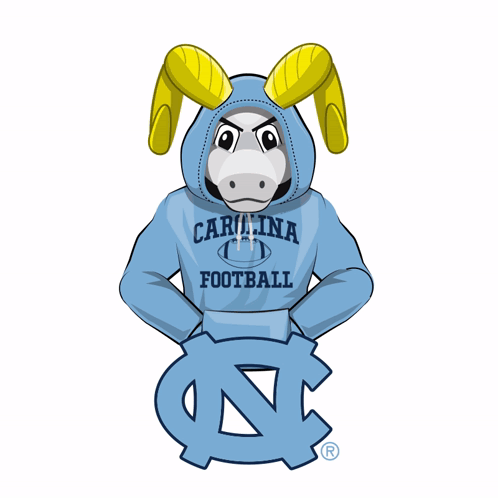 a donkey wearing a blue hoodie that says carolina football on it