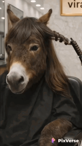 A Donkey With Long Hair Is Getting Its Hair Straightened By A Person GIF