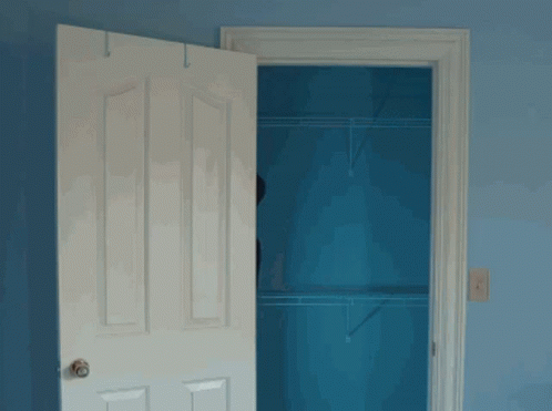 a door is open to a blue closet with shelves