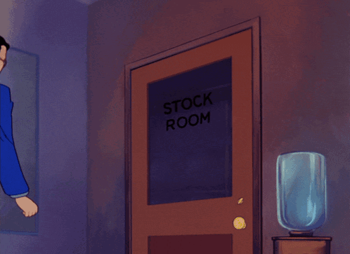 A Door With A Shadow On It That Says " Stock Room " GIF