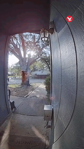 A Doorway With A Welcome Mat On The Floor And A Bird On The Wall GIF