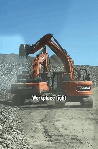 A Doosan Excavator And A Develon Excavator Work Together GIF