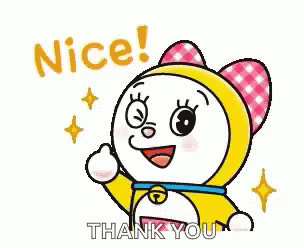 A Doraemon Cartoon Character Is Waving Her Hand And Saying `` Nice ! Thank You '' . GIF