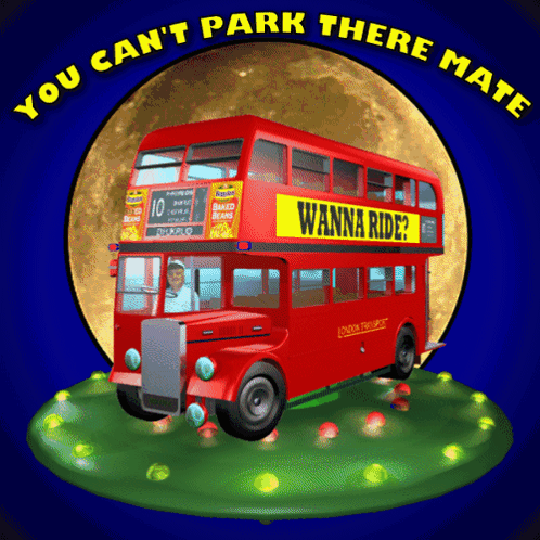 A Double Decker Bus That Says Wanna Ride GIF