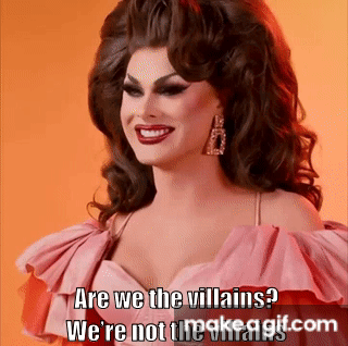 A Drag Queen In A Pink Dress Is Smiling And Says Are We The Villains We 'Re Not The Villains GIF