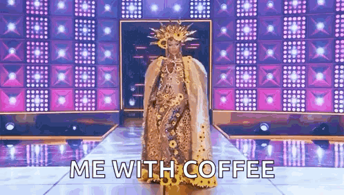 Drag Queen Walking Runway In Gold Dress And Crown GIF