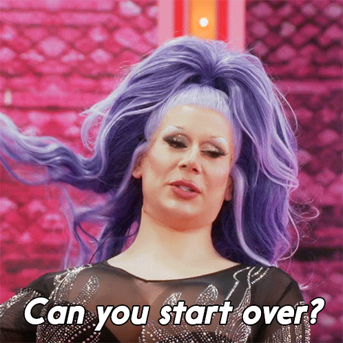 Drag Queen With Purple Hair Asking To Start Over GIF