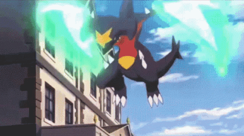 A Dragon Is Flying Over A Building With A Green Light Behind It . GIF