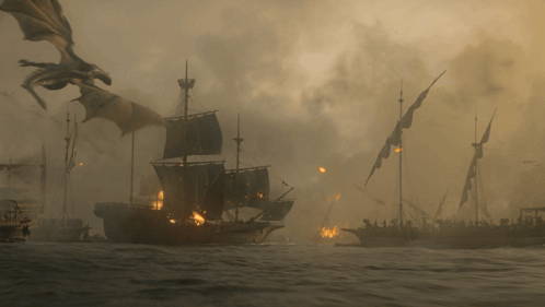 a dragon is flying over a large ship in the middle of the ocean