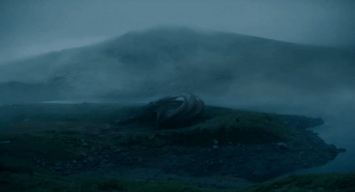 a dragon is laying on the ground in a foggy landscape