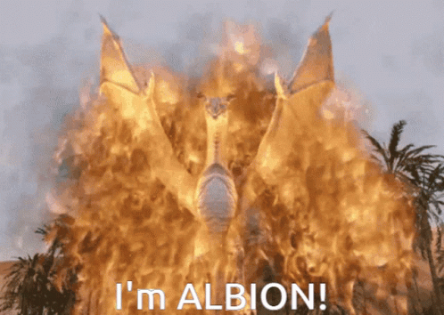 A Dragon Is Surrounded By Flames With The Words I 'M Albion Written Below It GIF