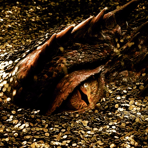 A Dragon Laying In A Pile Of Gold Coins With Its Eyes Closed GIF