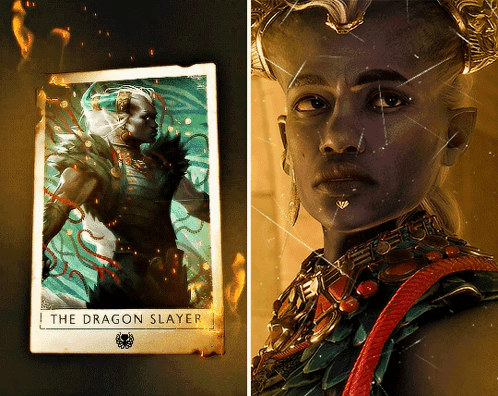 A Dragon Slayer Tarot Card Next To A Woman 'S Face GIF
