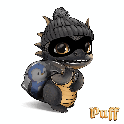 A Dragon Wearing A Mask And A Beanie Is Holding A Bag With A Penguin Inside Of It GIF