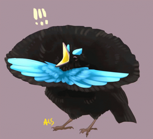 A Drawing Of A Black Bird With Blue Feathers And The Letters Als GIF