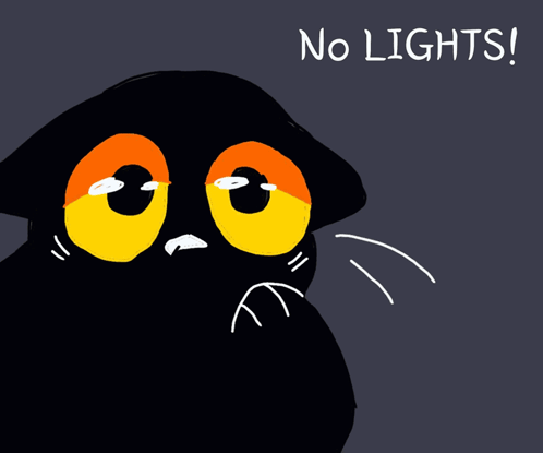 a drawing of a black cat with orange eyes and the words " no lights " on the bottom