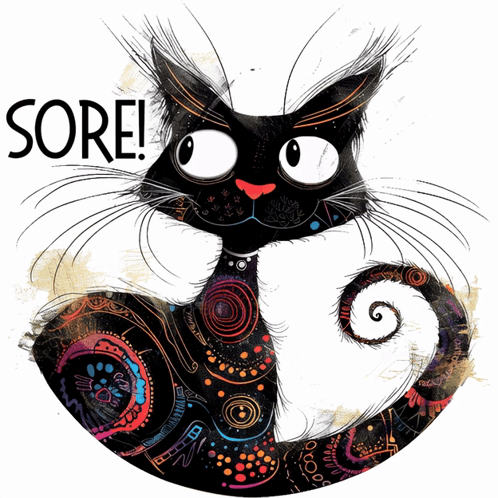 A Drawing Of A Black Cat With The Word Sore Written Above It GIF