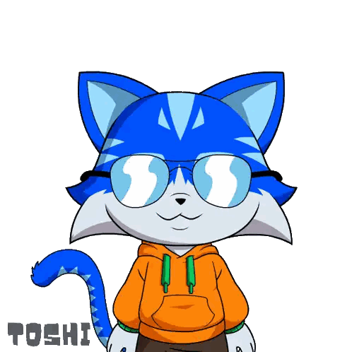 a drawing of a blue cat wearing glasses and an orange hoodie with the word toshi below it