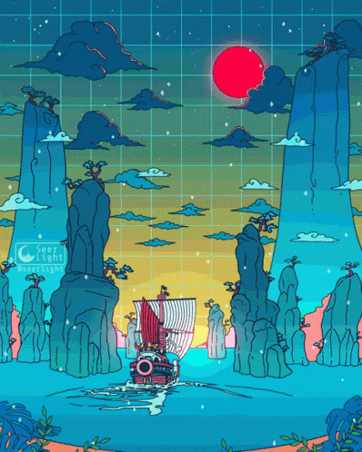 A Drawing Of A Boat In The Ocean With The Words Seer Light Written On The Bottom GIF